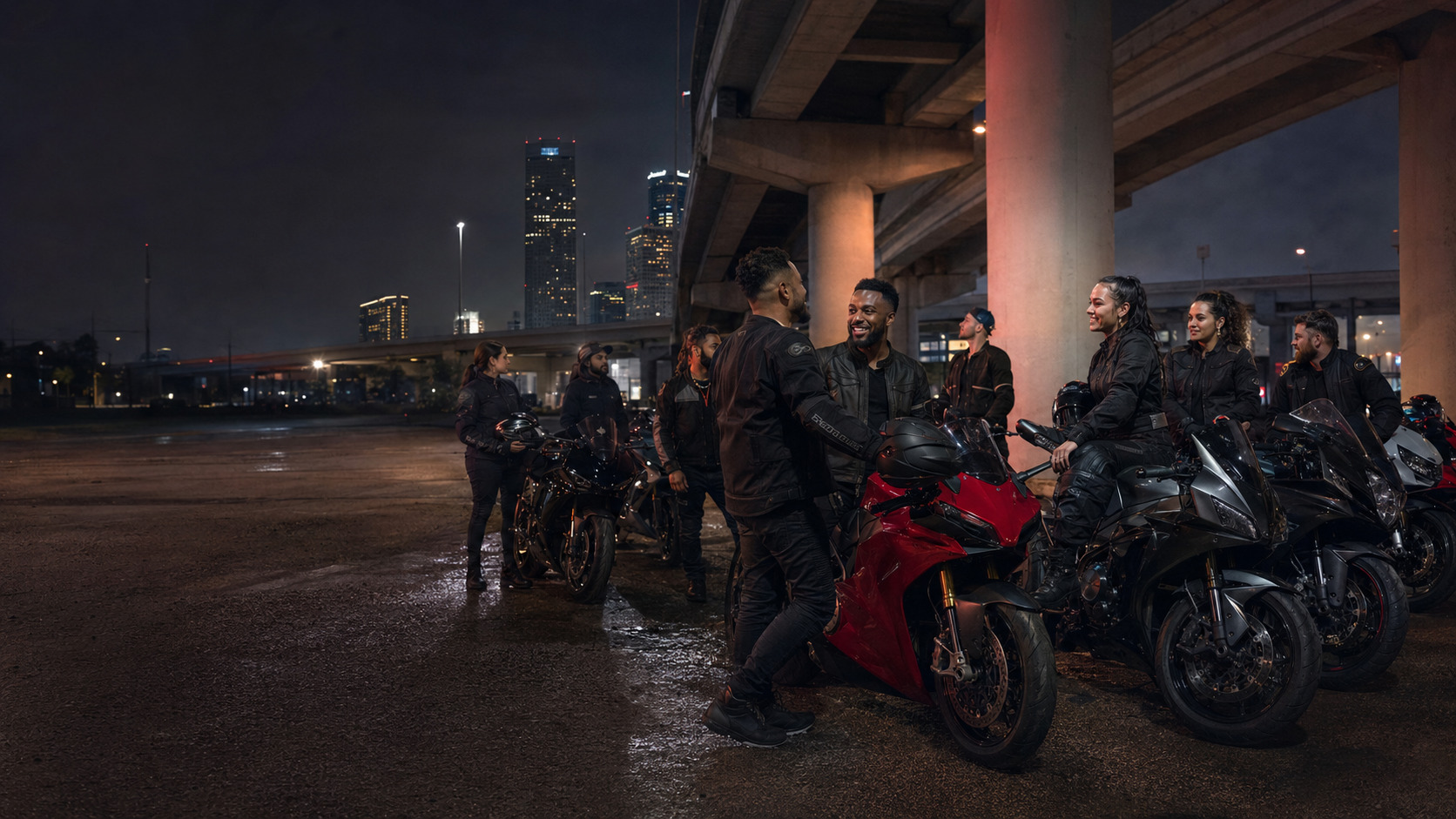Machine community meeting beneath city overpasses at night