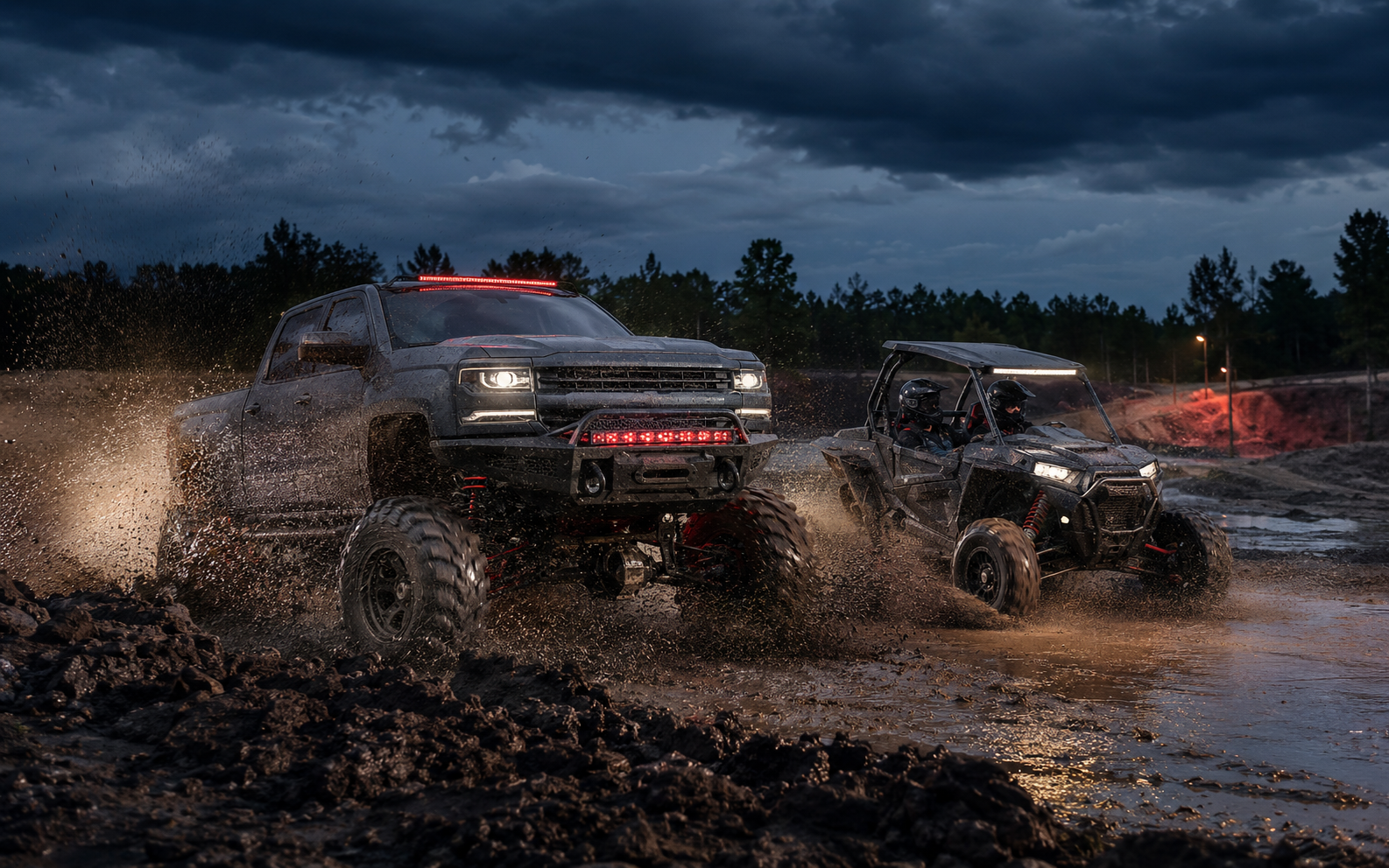 Mud truck and side-by-side on an off-road course