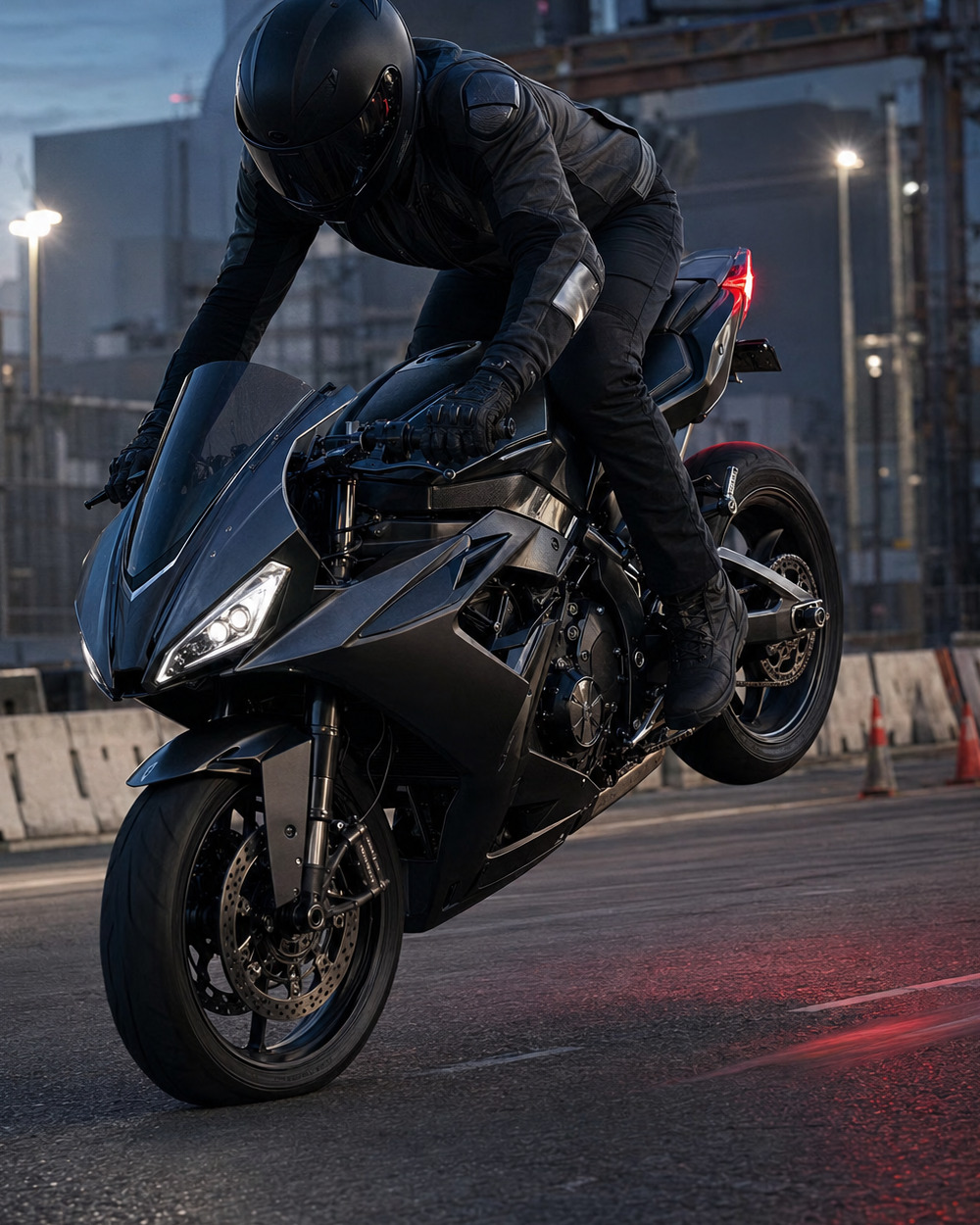 Rider performing a controlled rolling stoppie on a closed road